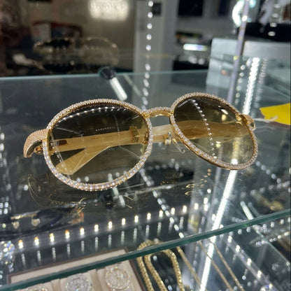 Bagatelle (Iced) - 56-16 Gold White Marble Composites Sunglasses w/ Diamond Frame & Brown Lenses