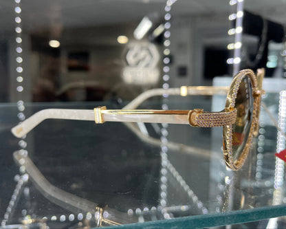 Bagatelle (Iced) - 56-16 Gold White Marble Composites Sunglasses w/ Diamond Frame & Brown Lenses
