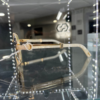 Bagatelle (Iced) - 56-16 Gold White Marble Composites Sunglasses w/ Diamond Frame & Brown Lenses