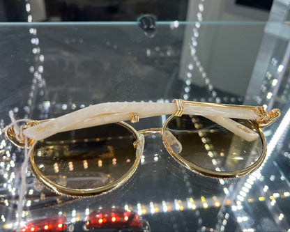 Bagatelle (Iced) - 56-16 Gold White Marble Composites Sunglasses w/ Diamond Frame & Brown Lenses