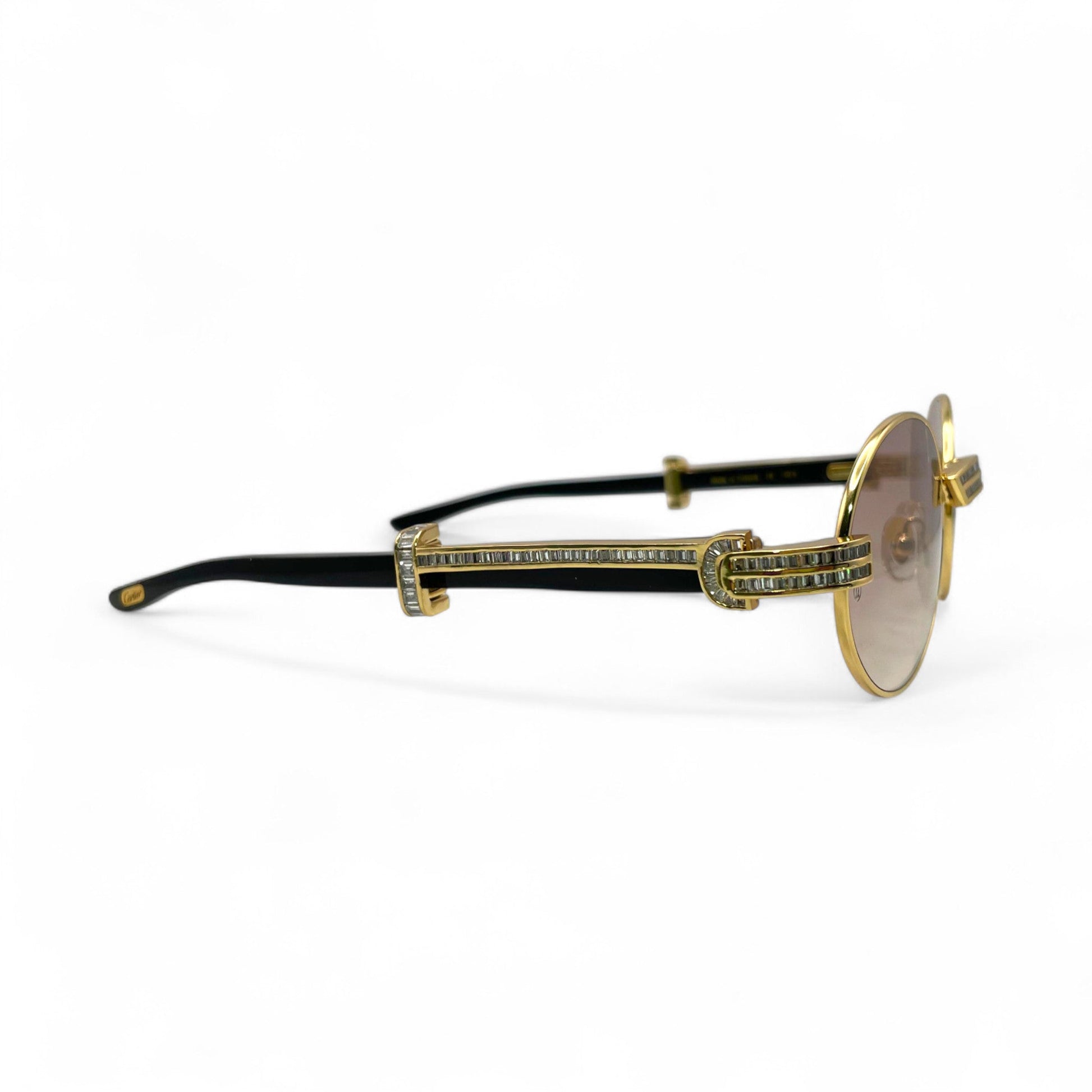 Giverny (Iced) - 55-22 Gold Genuine Horn Sunglasses w/ Brown Lenses & Baguette Diamonds Channel Set (90s) - Luxury Optical