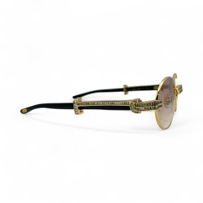 Giverny (Iced) - 55-22 Gold Genuine Horn Sunglasses w/ Brown Lenses & Baguette Diamonds Channel Set (90s) - Luxury Optical