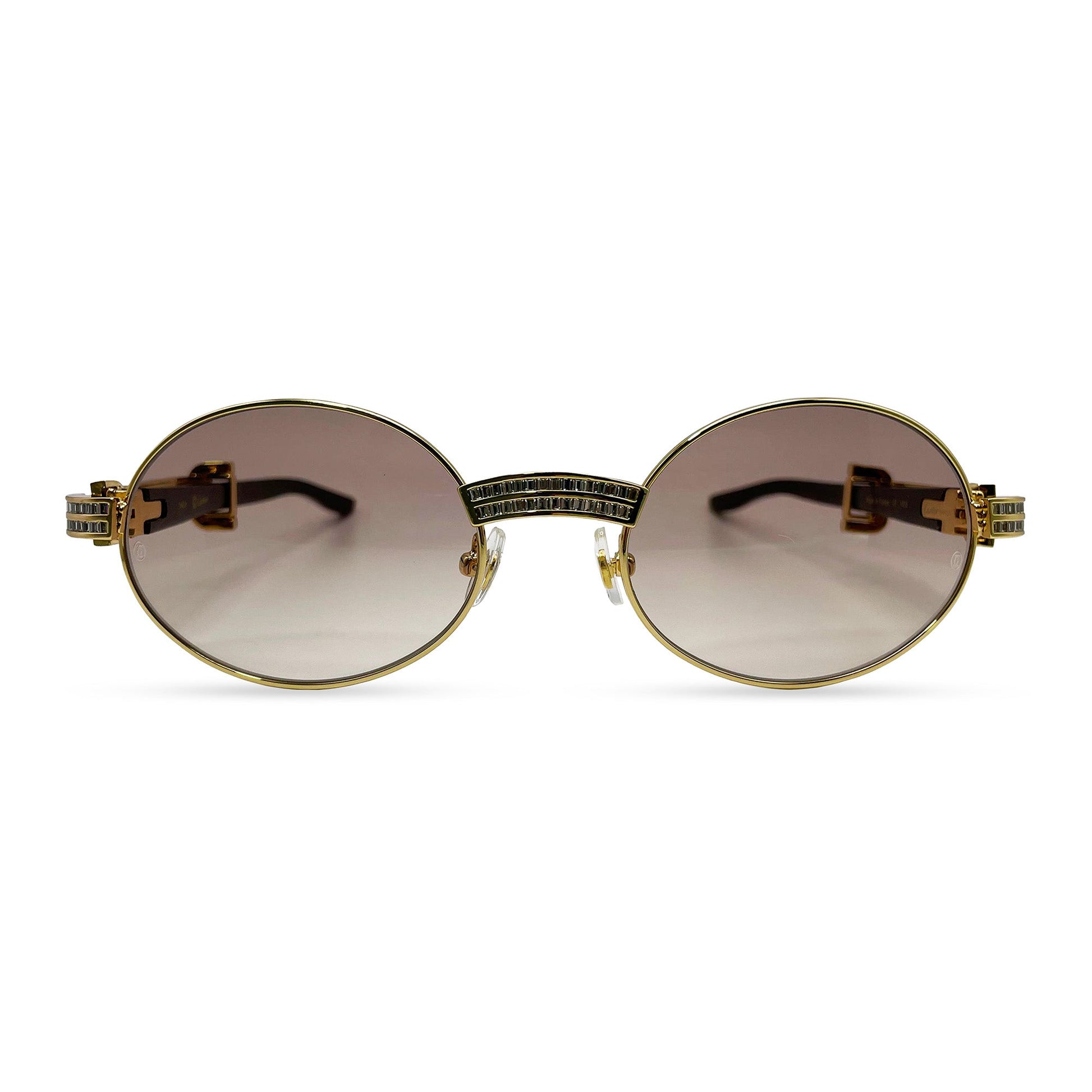 Giverny (Iced) - 55-22 Gold Genuine Horn Sunglasses w/ Brown Lenses & Baguette Diamonds Channel Set (90s) - Luxury Optical