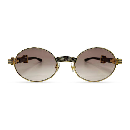 Giverny (Iced) - 55-22 Gold Genuine Horn Sunglasses w/ Brown Lenses & Baguette Diamonds Channel Set (90s) - Luxury Optical