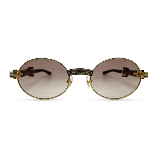 Giverny (Iced) - 55-22 Gold Genuine Horn Sunglasses w/ Brown Lenses & Baguette Diamonds Channel Set (90s) - Luxury Optical