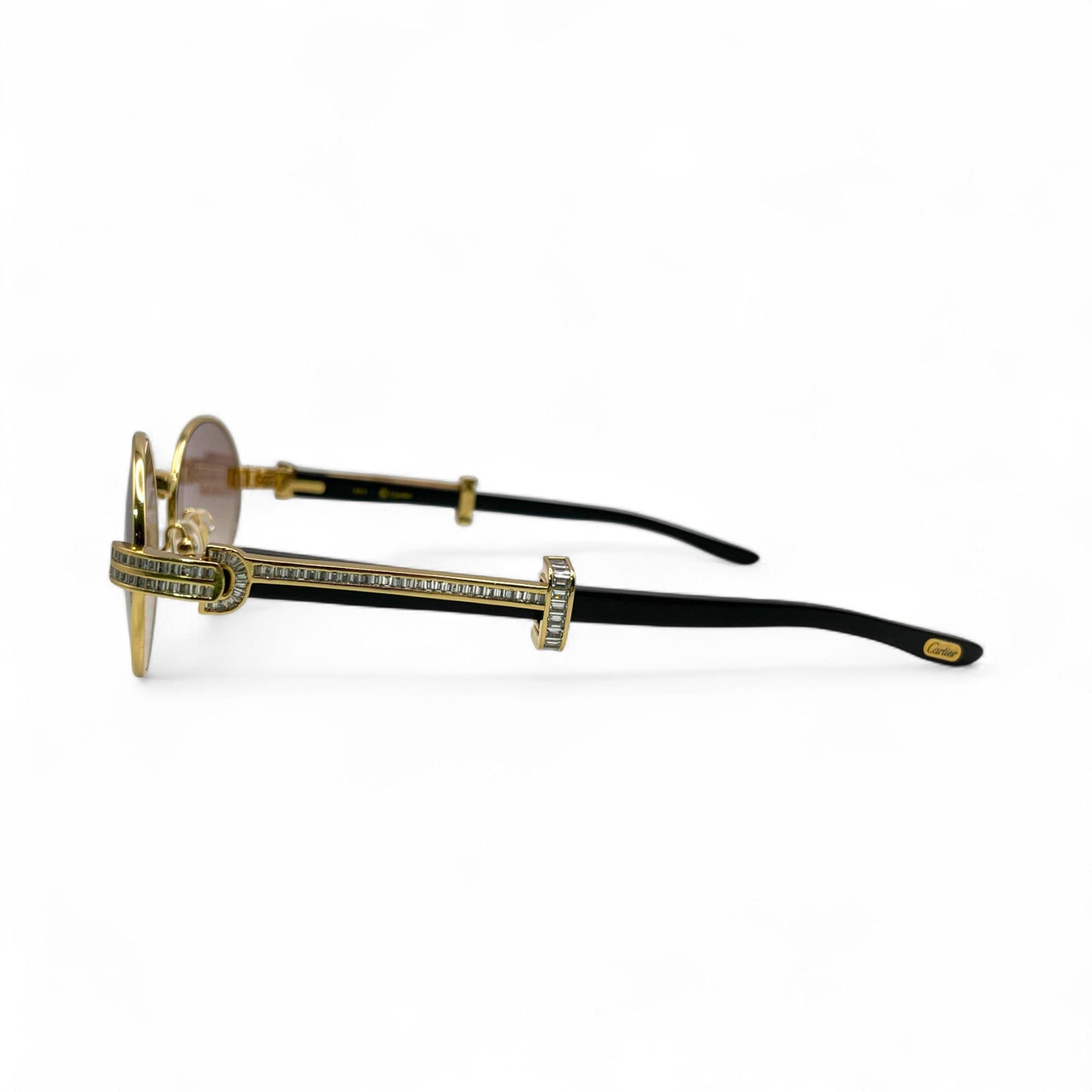 Giverny (Iced) - 55-22 Gold Genuine Horn Sunglasses w/ Brown Lenses & Baguette Diamonds Channel Set (90s) - Luxury Optical