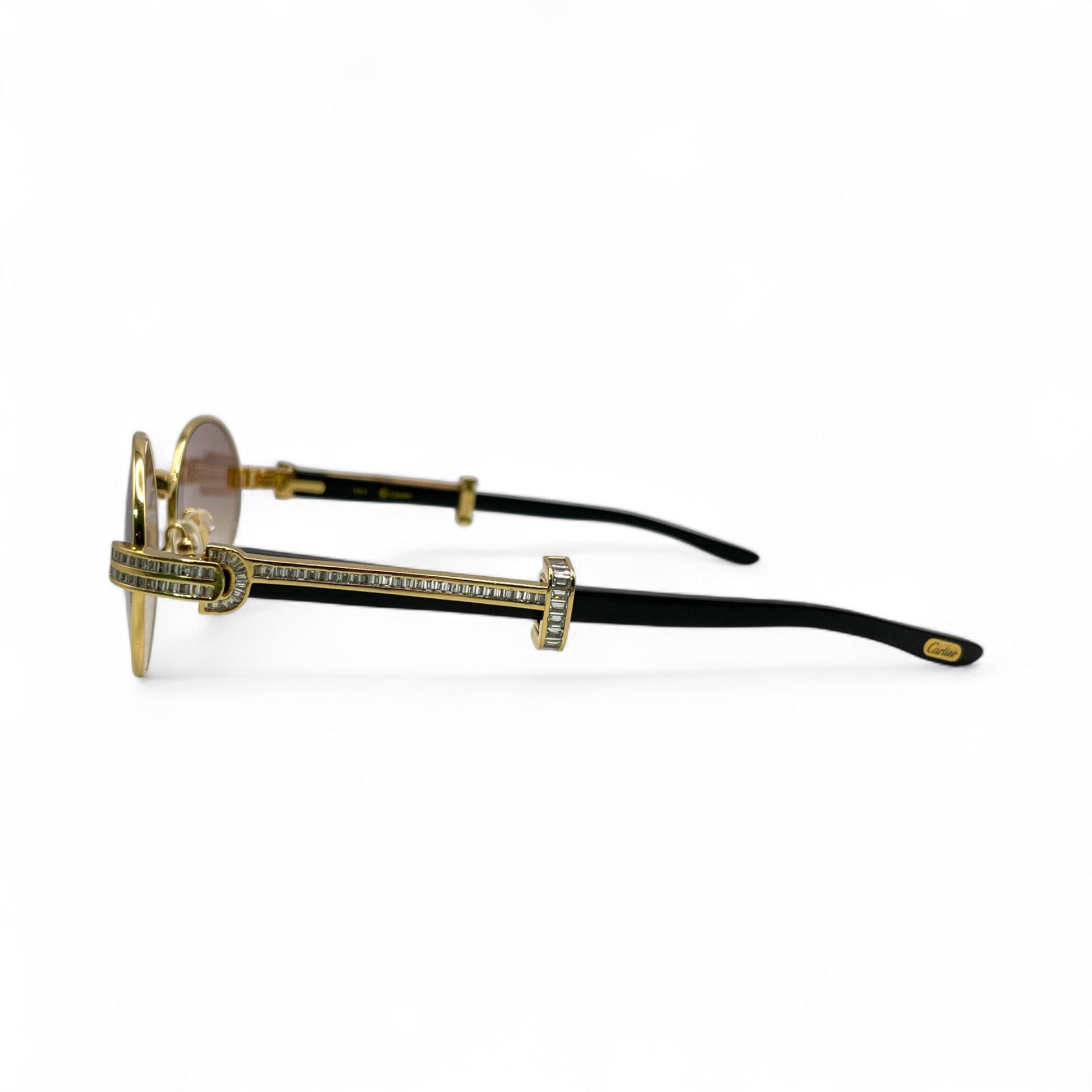 Giverny (Iced) - 55-22 Gold Genuine Horn Sunglasses w/ Brown Lenses & Baguette Diamonds Channel Set (90s) - Luxury Optical