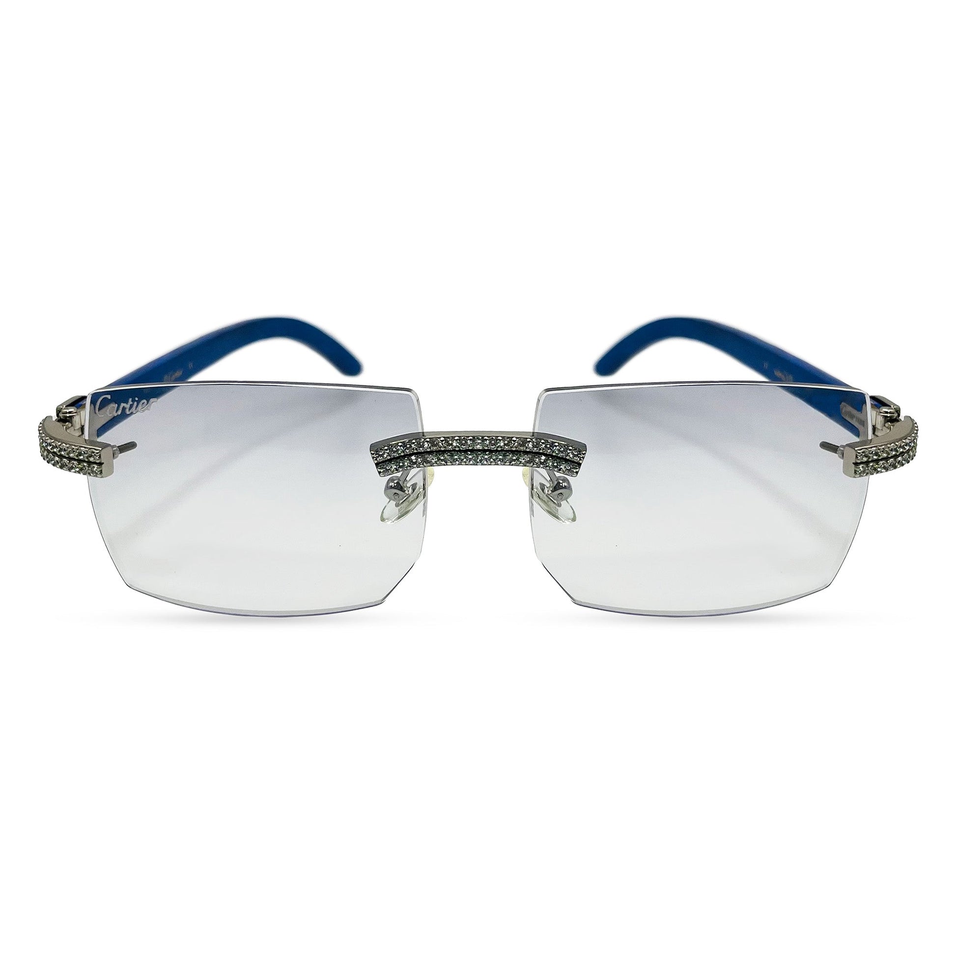 C Decor Woods (Iced - Moissanite) - Silver Blue Woods Sunglasses w/ Moissanite Diamonds Double Row Set (2020s) - Luxury Optical