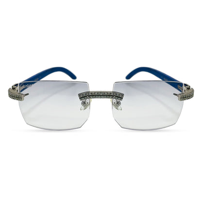 C Decor Woods (Iced - Moissanite) - Silver Blue Woods Sunglasses w/ Moissanite Diamonds Double Row Set (2020s) - Luxury Optical