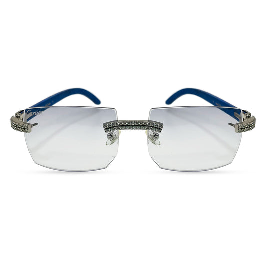 C Decor Woods (Iced - Moissanite) - Silver Blue Woods Sunglasses w/ Moissanite Diamonds Double Row Set (2020s) - Luxury Optical
