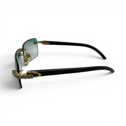 C Decor Buffs - Black Genuine Horn Sunglasses w/ #3 Seaweed Green Lenses - Gold Diamond DR 5pc Set (2010s) C