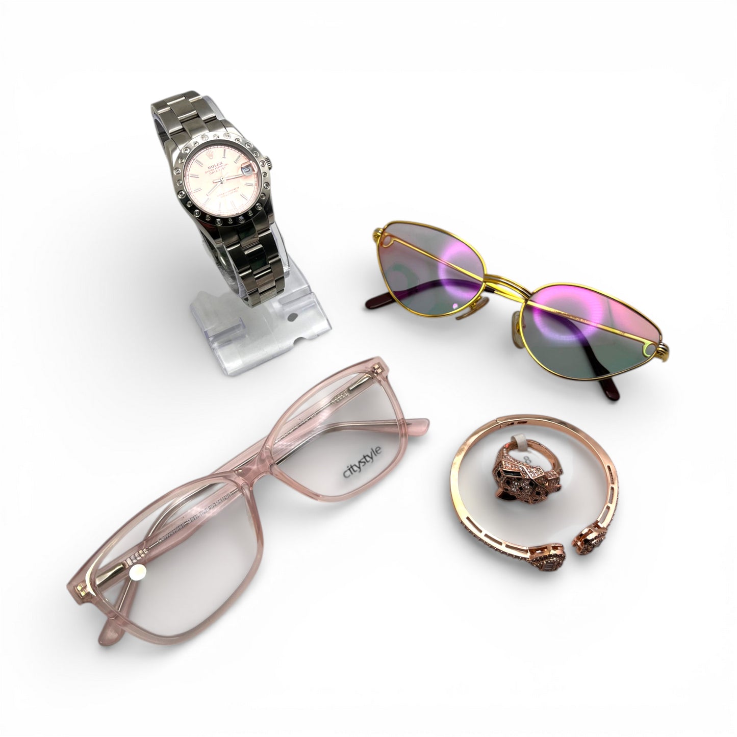 Detroit Luxury Rose Set: Cartier Rivoli, CityStyle Eyeglasses and Iced Jewelry