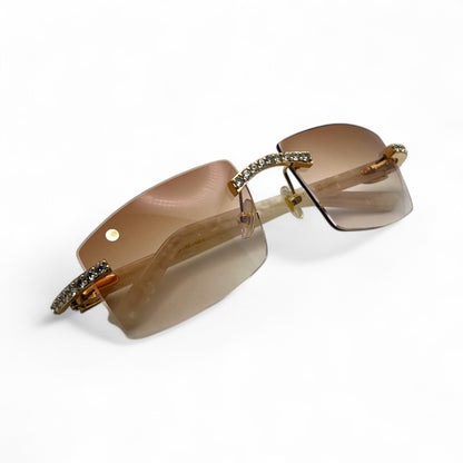 C Decor Marbles (Iced) - Gold White Composite Marbles Sunglasses w/ Clear Lenses - Diamonds Prong Set (2010s) - Luxury Optical