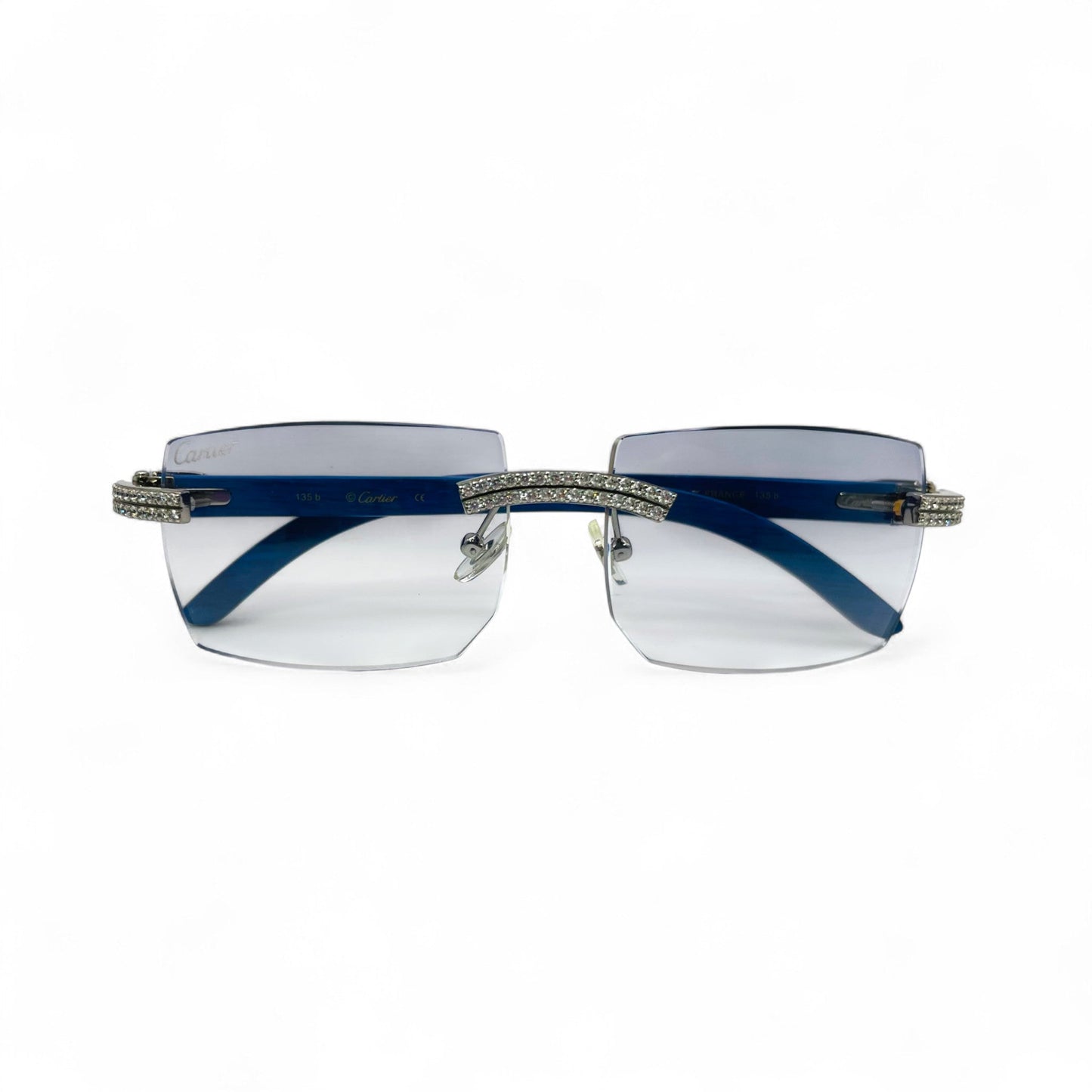 C Decor Woods (Iced - Moissanite) - Silver Blue Woods Sunglasses w/ Moissanite Diamonds Double Row Set (2020s) - Luxury Optical