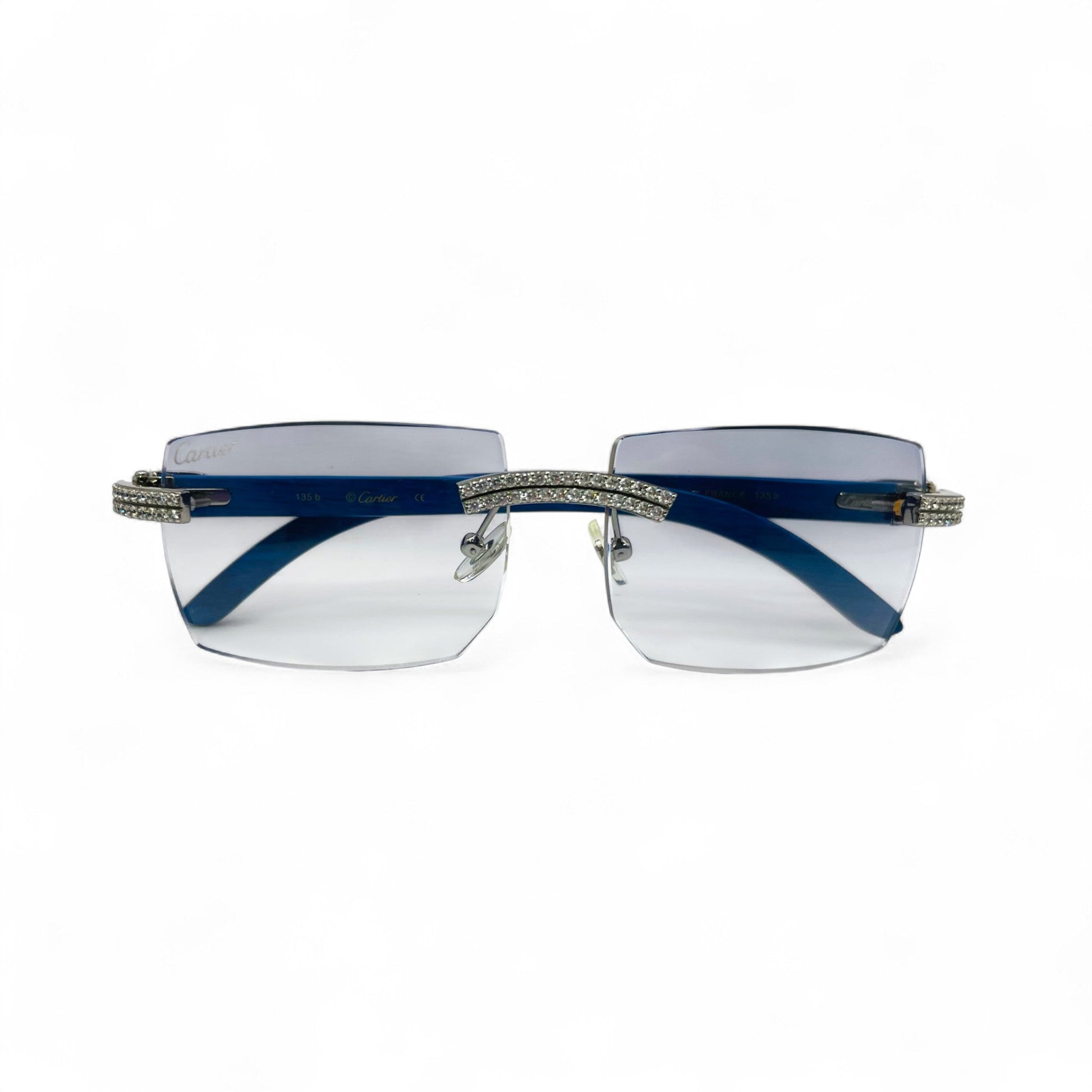C Decor Woods (Iced - Moissanite) - Silver Blue Woods Sunglasses w/ Moissanite Diamonds Double Row Set (2020s) - Luxury Optical