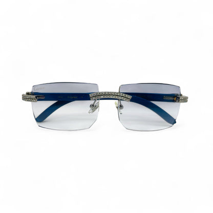 C Decor Woods (Iced - Moissanite) - Silver Blue Woods Sunglasses w/ Moissanite Diamonds Double Row Set (2020s) - Luxury Optical