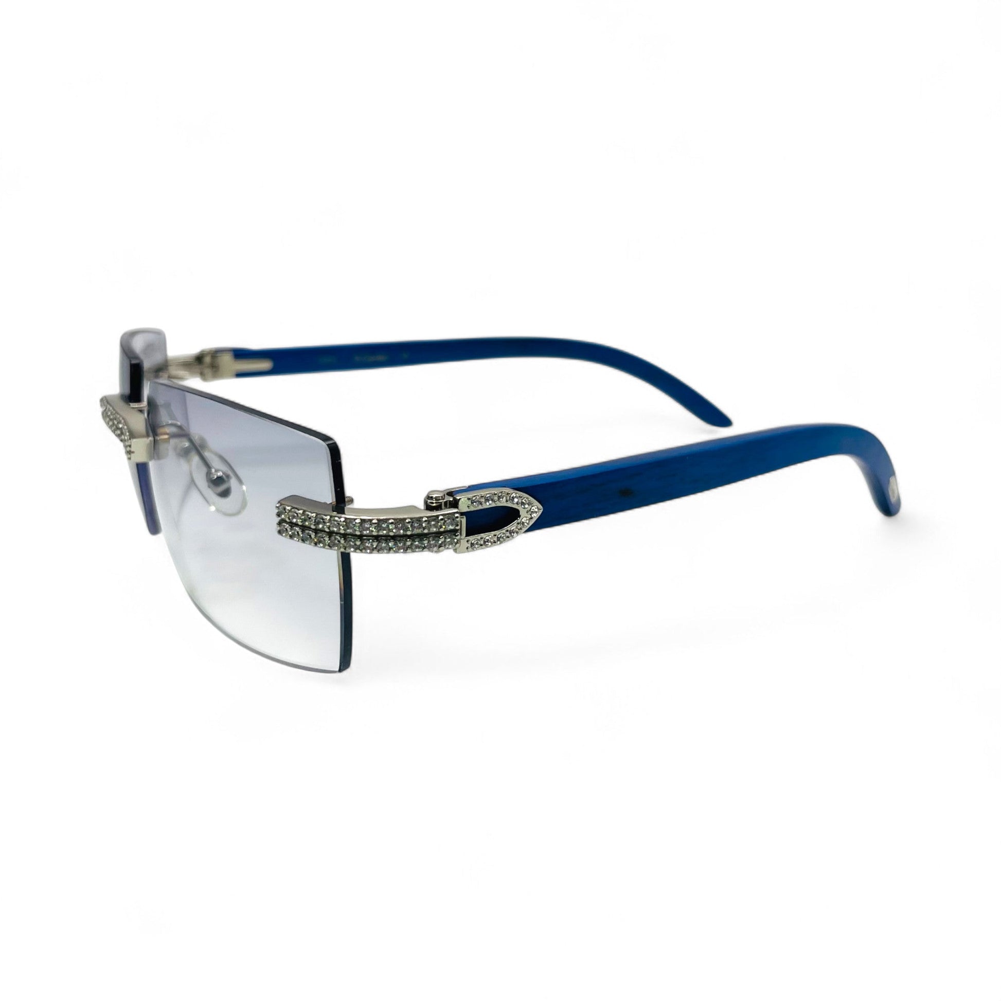 C Decor Woods (Iced - Moissanite) - Silver Blue Woods Sunglasses w/ Moissanite Diamonds Double Row Set (2020s) - Luxury Optical