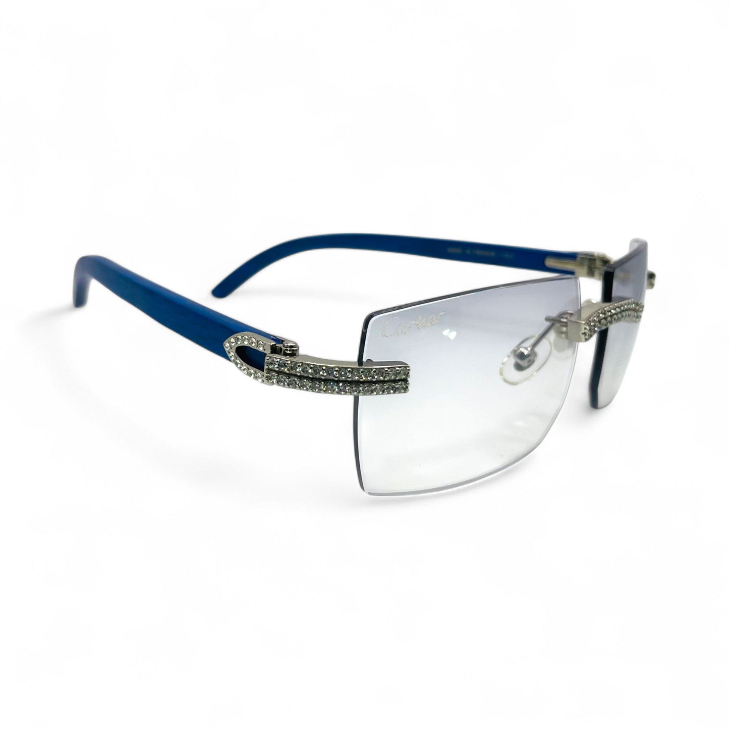C Decor Woods (Iced - Moissanite) - Silver Blue Woods Sunglasses w/ Moissanite Diamonds Double Row Set (2020s) - Luxury Optical