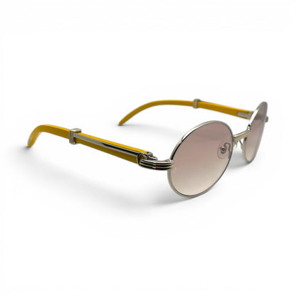 Giverny - 55-22 Mustard Wood Sunglasses w/ Oval Hennessy Lenses - Silver Frame (90s) C