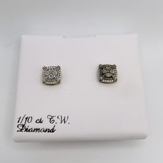 Square Prong Earrings - Silver w/ Diamonds