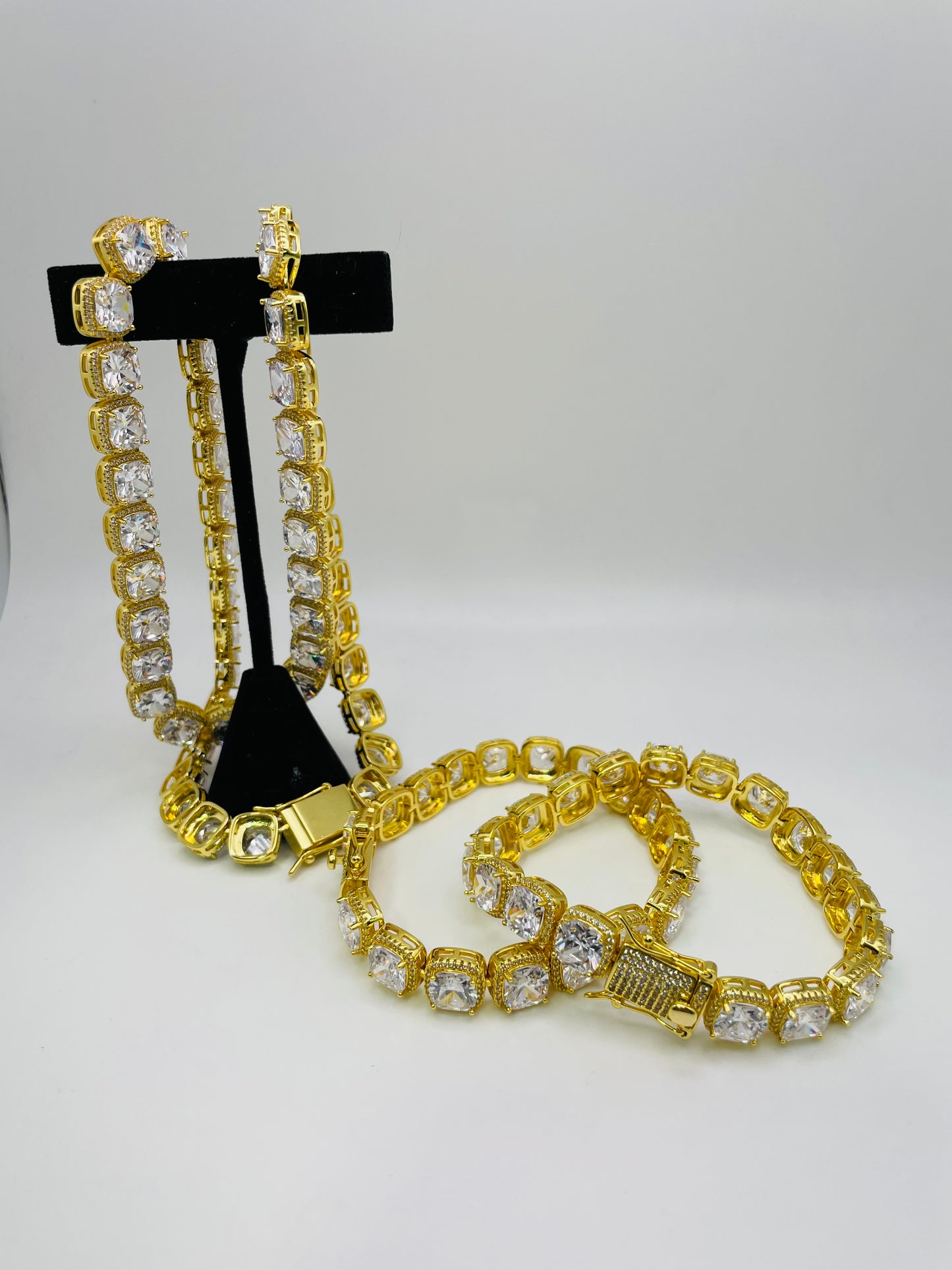 Solitaires Chain and Bracelets - Gold w/ CZ Diamonds - 3pc Set