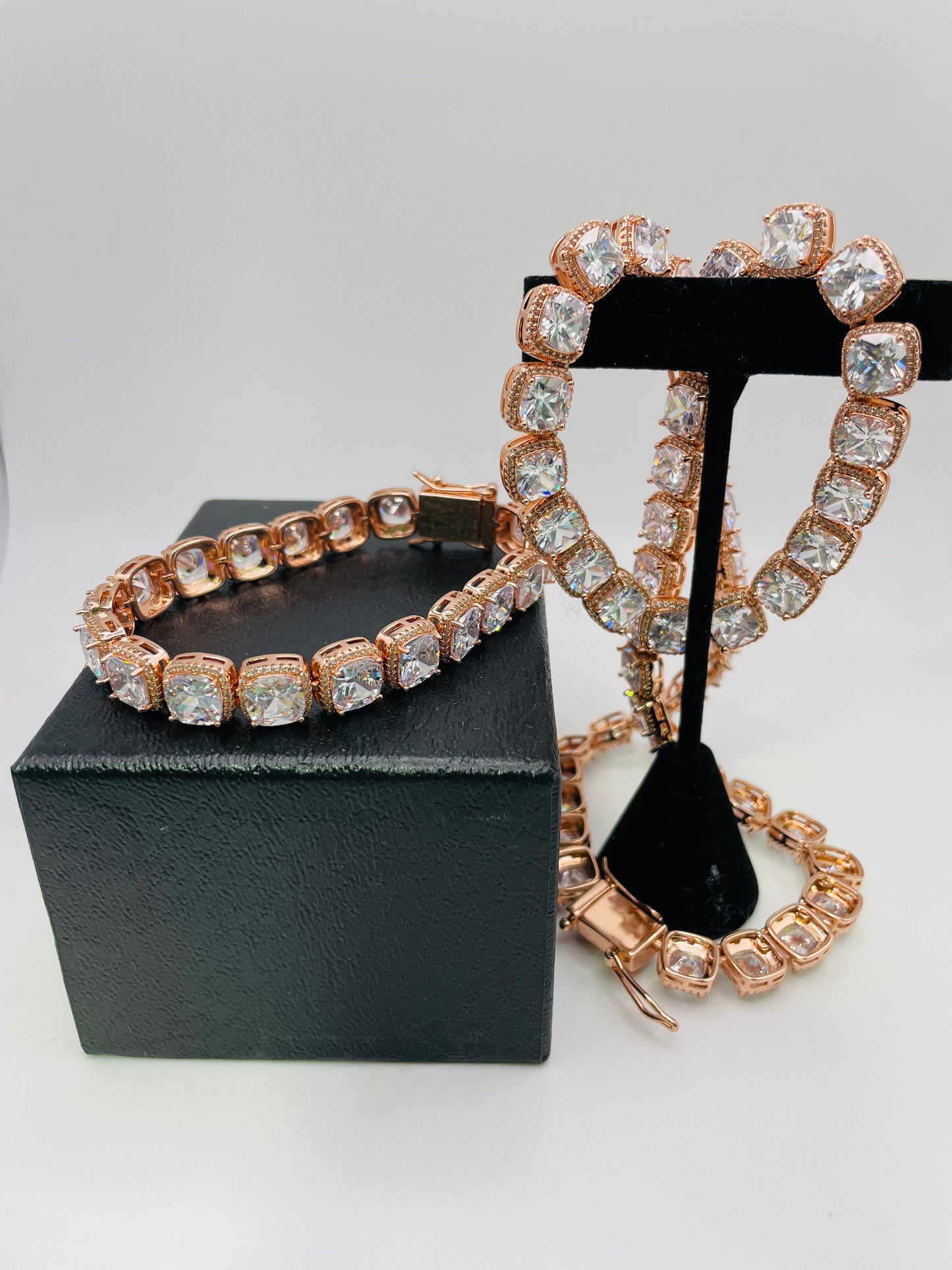 Solitaires Chain and Bracelet - Rose Gold w/ CZ Diamonds - 3pc Set