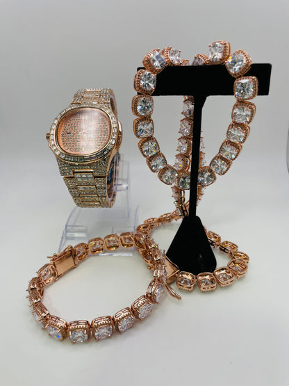 Combo - Solitaires Rose Gold Chain and Bracelets + PP Rose Gold (Iced Out) - 4pc Set