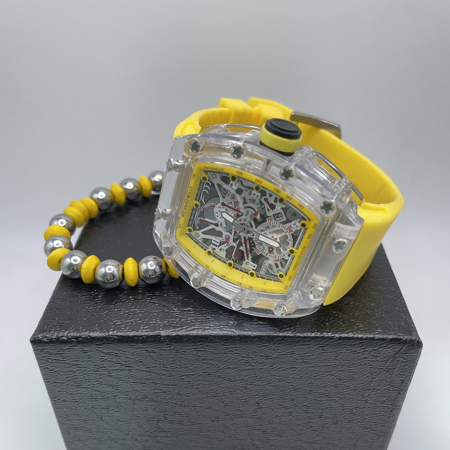 RM - Clear Case - Yellow Strap + Silver & Yellow Beads Bracelet