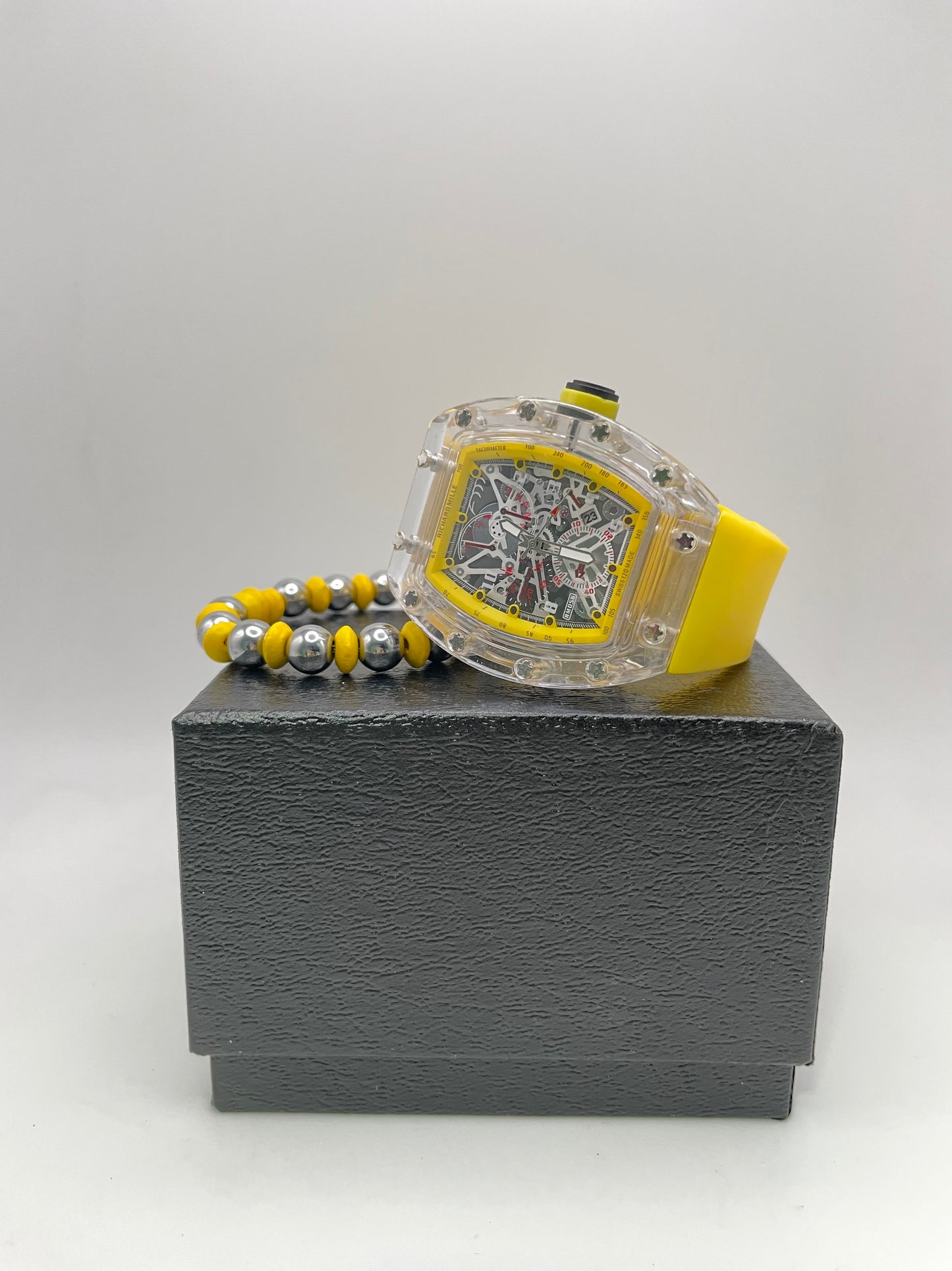 RM - Clear Case - Yellow Strap + Silver & Yellow Beads Bracelet